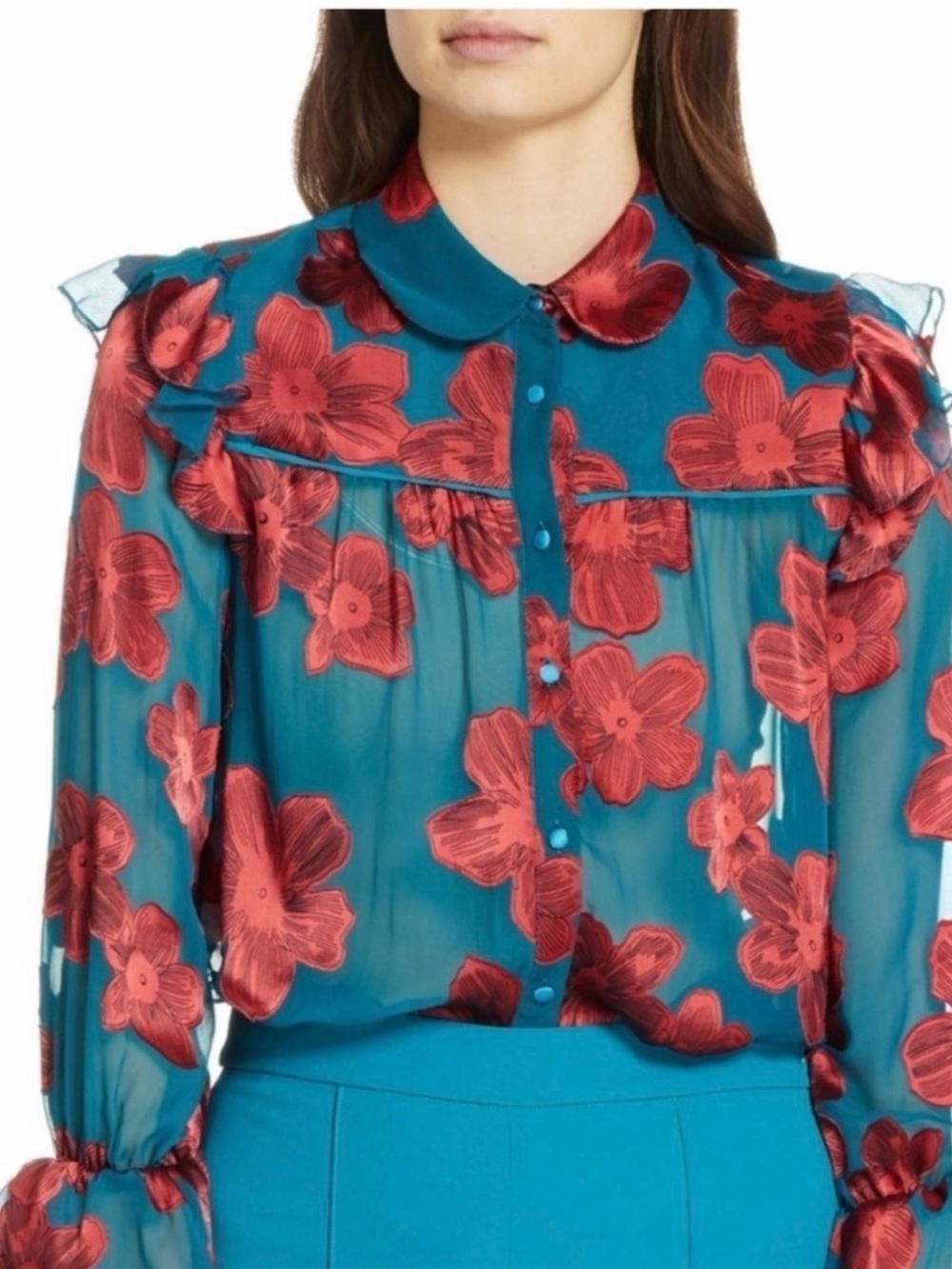 Alice + Olivia Ziggy Ruffle Sleeve Blouse in Daisy Teal & Cherry Small